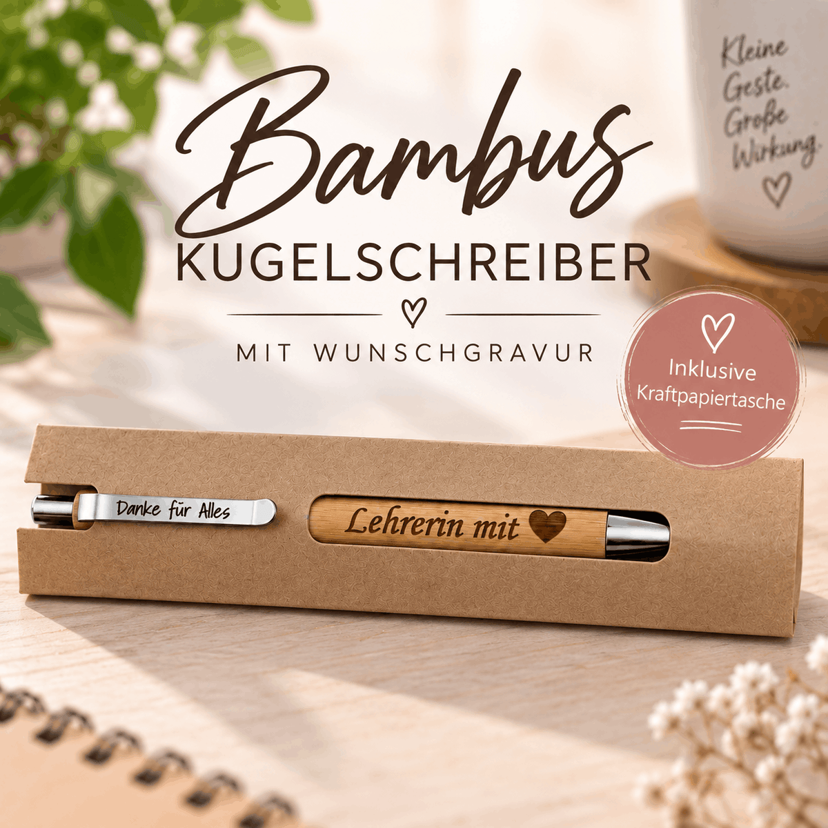 Personalisierter Bambus Kugelschreiber mit individueller Namensgravur als Geschenk
