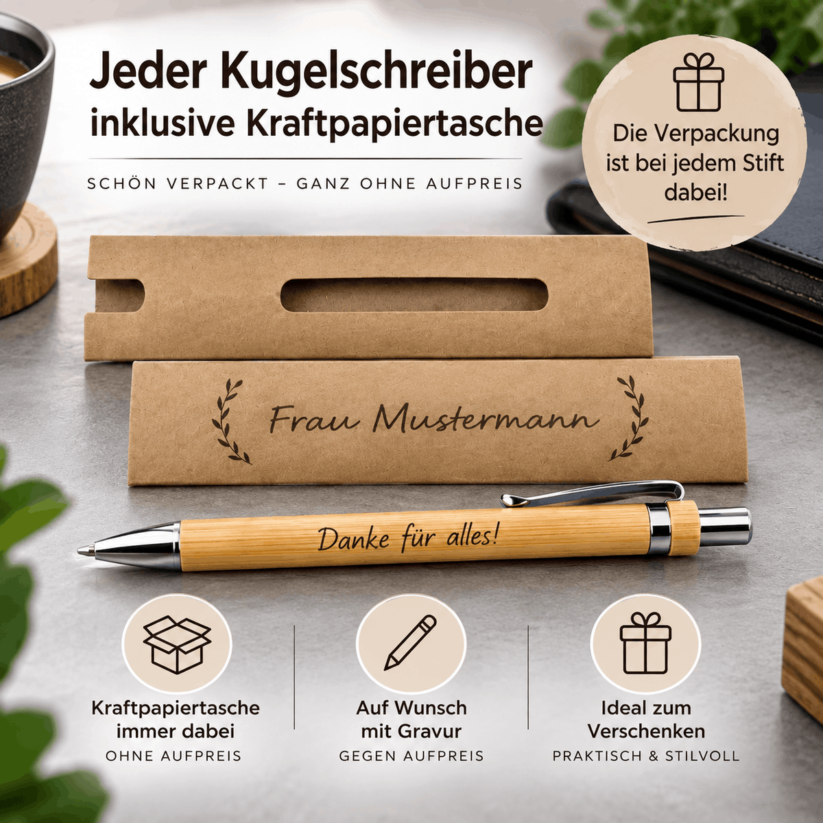 Bambus Kugelschreiber mit persönlicher Gravur und individueller Beschriftung