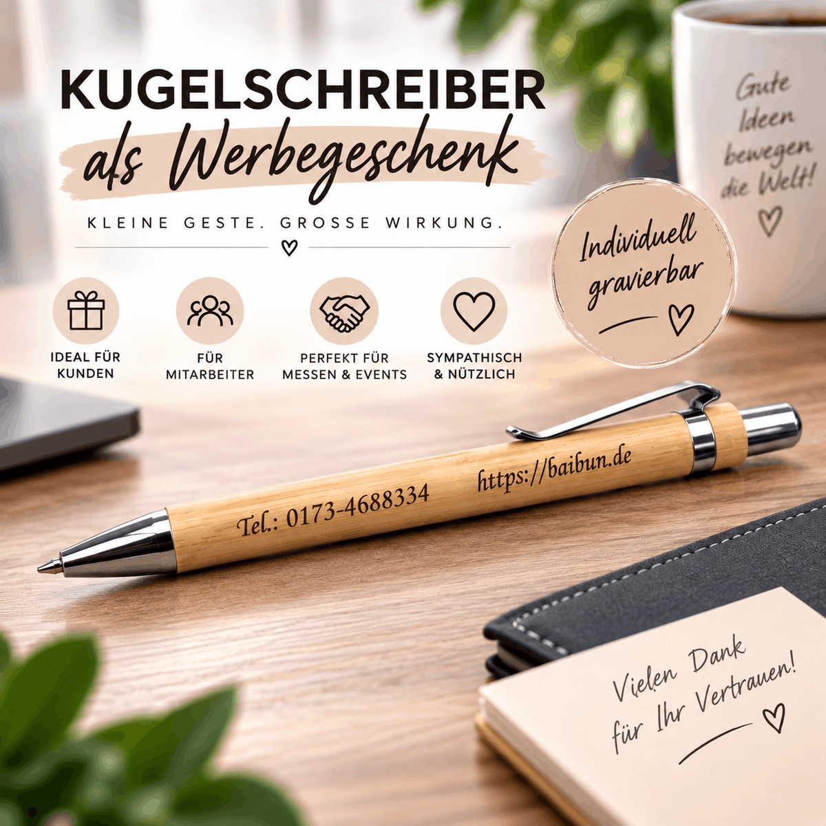 Individuell gravierter Bambus Kugelschreiber als Geschenk für Kollegen und Freunde