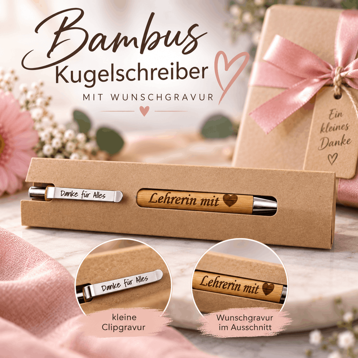 Gravierte Bambus Kugelschreiber mit Wunschtext als persönliches Geschenk