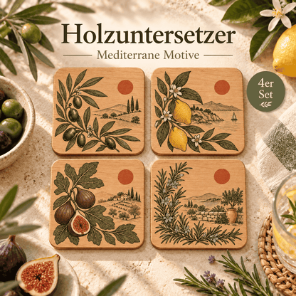 Dekorative Holzuntersetzer im mediterranen Stil mit vier verschiedenen Motiven für Küche, Esstisch, Terrasse oder Ferienwohnung