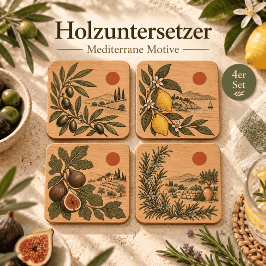 Dekorative Holzuntersetzer im mediterranen Stil mit vier verschiedenen Motiven für Küche, Esstisch, Terrasse oder Ferienwohnung