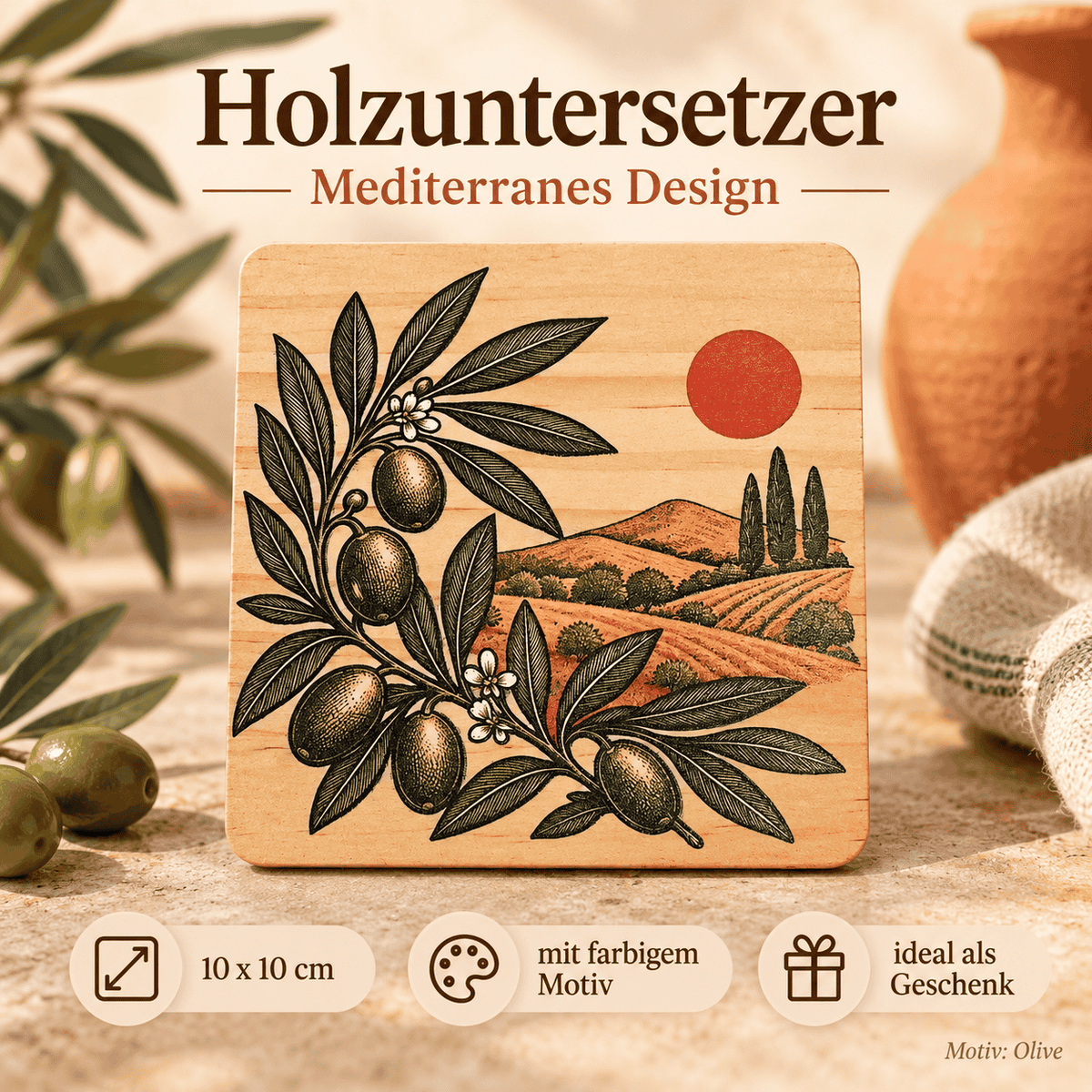 Mediterraner Holzuntersetzer mit Olivenmotiv und Landschaft, dekorativer farbig bedruckter Untersetzer aus Holz