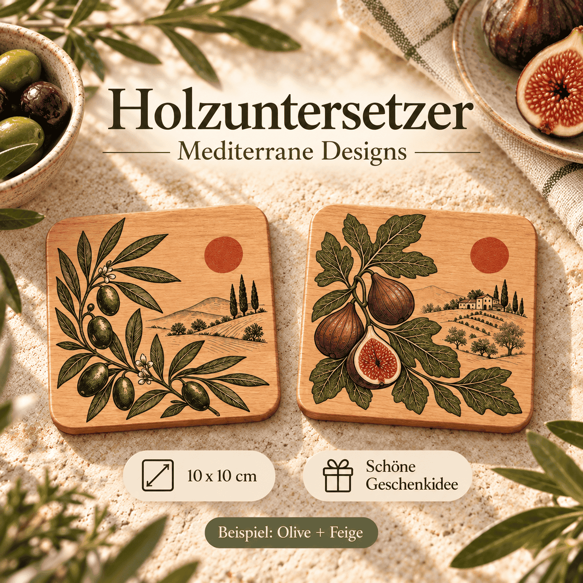 mediterrane Untersetzer aus Holz mit Olive und Feige als Geschenkidee zum Einzug oder Geburtstag