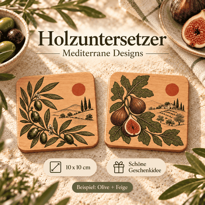 mediterrane Untersetzer aus Holz mit Olive und Feige als Geschenkidee zum Einzug oder Geburtstag