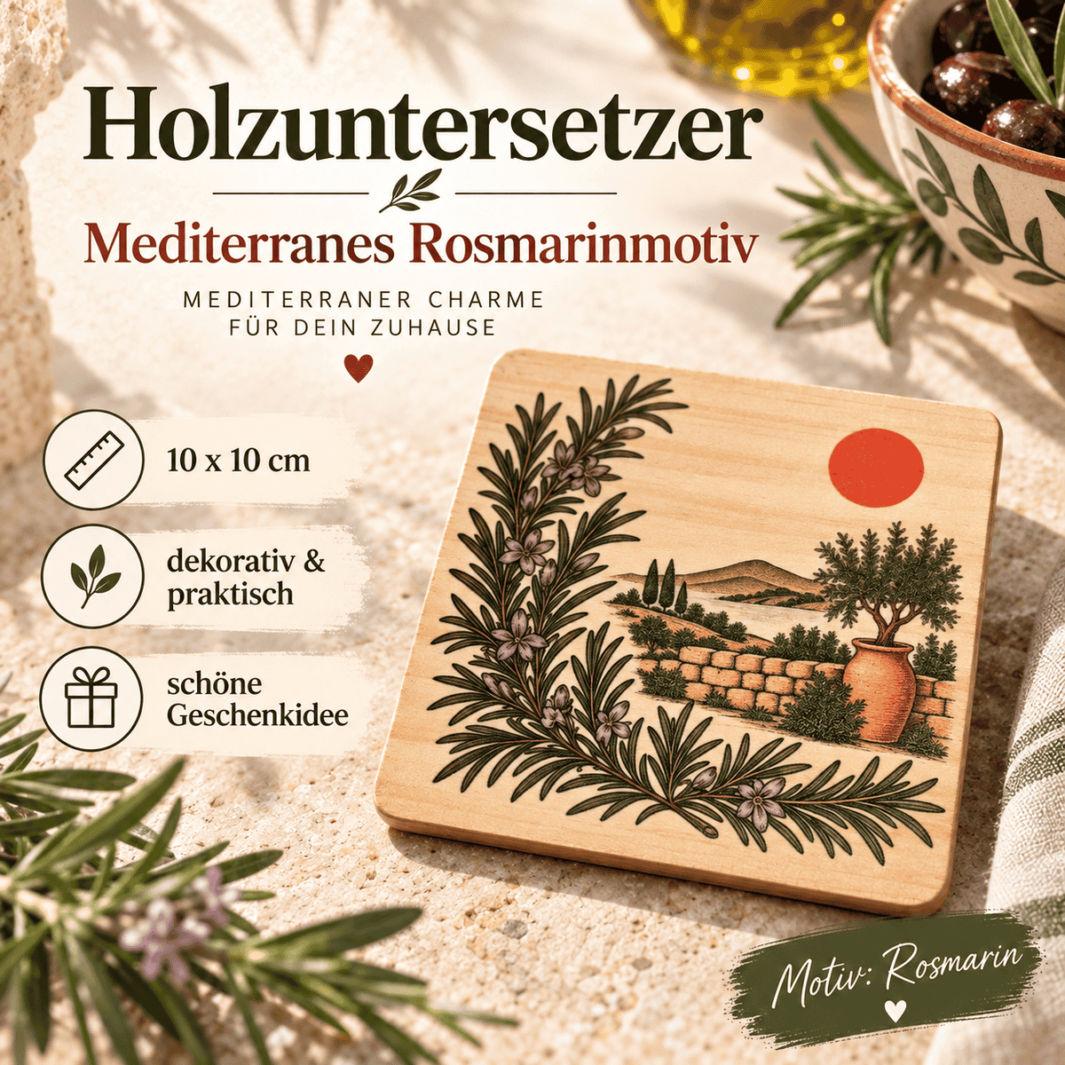 Mediterraner Holzuntersetzer mit Rosmarinmotiv und Landschaft, dekorativer farbig bedruckter Untersetzer aus Holz