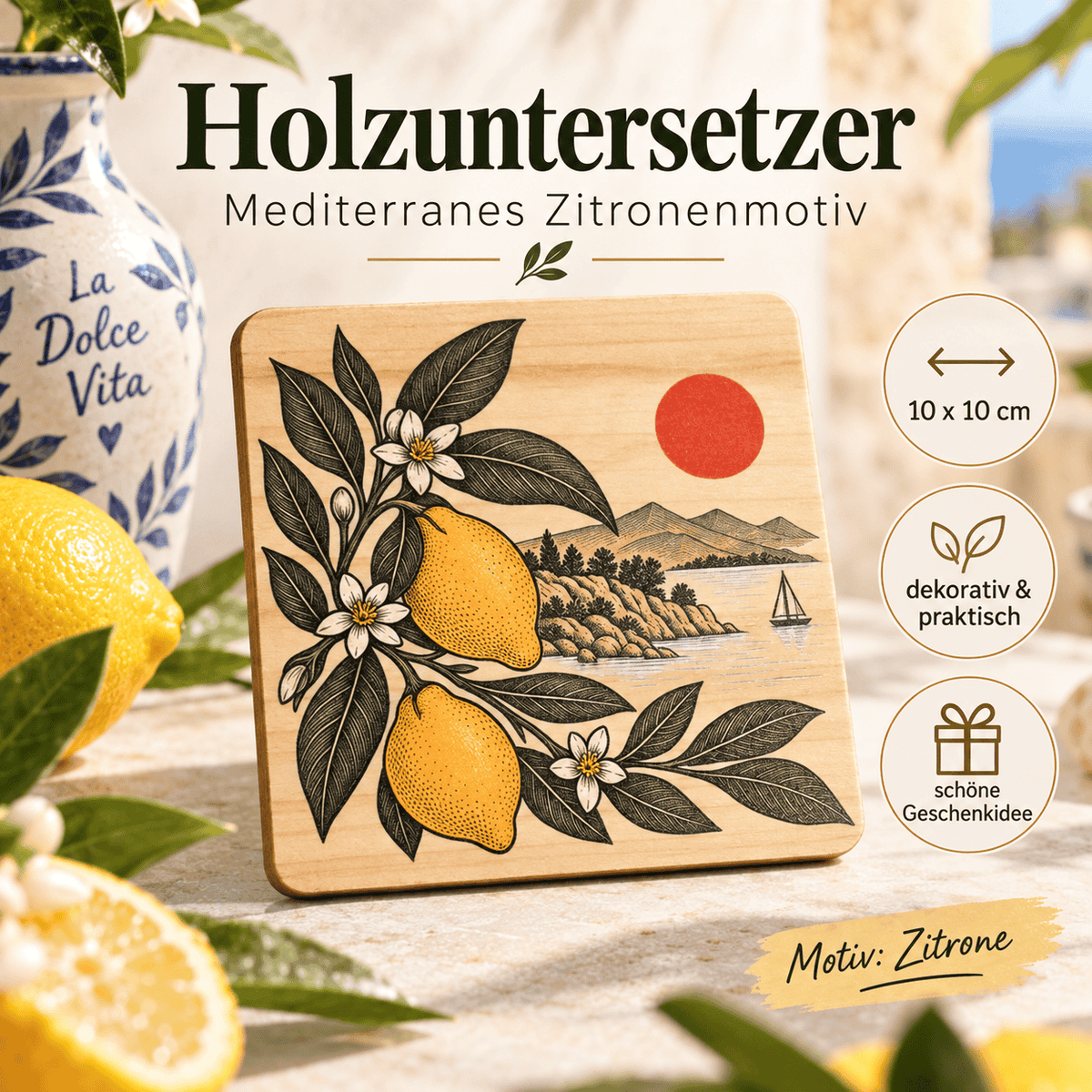 Mediterraner Holzuntersetzer mit Zitronenmotiv und Landschaft, dekorativer farbig bedruckter Untersetzer aus Holz