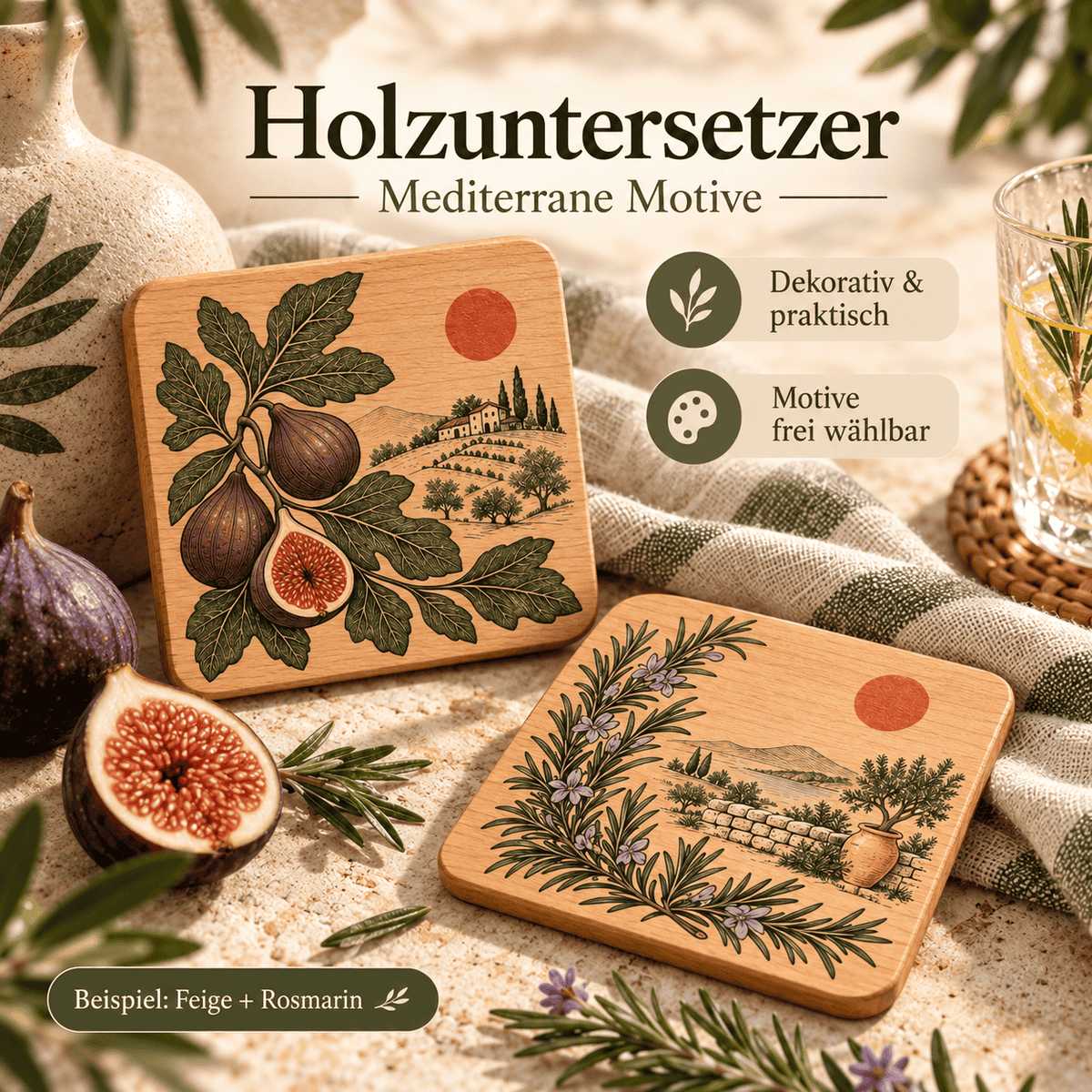 mediterrane Untersetzer aus Holz mit,  Rosmarin und Feige als Geschenkidee zum Einzug oder Geburtstag