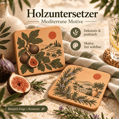 mediterrane Untersetzer aus Holz mit,  Rosmarin und Feige als Geschenkidee zum Einzug oder Geburtstag