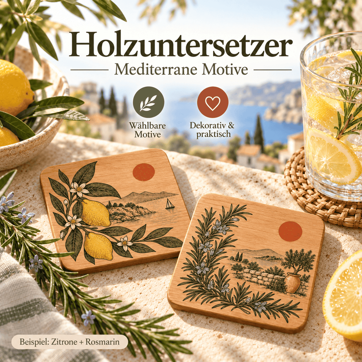 Mediterraner Holzuntersetzer mit Zitronenmotiv und Rosmarin farbig bedruckter Untersetzer für Gläser und Tassen