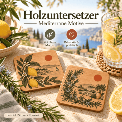 Mediterraner Holzuntersetzer mit Zitronenmotiv und Rosmarin farbig bedruckter Untersetzer für Gläser und Tassen