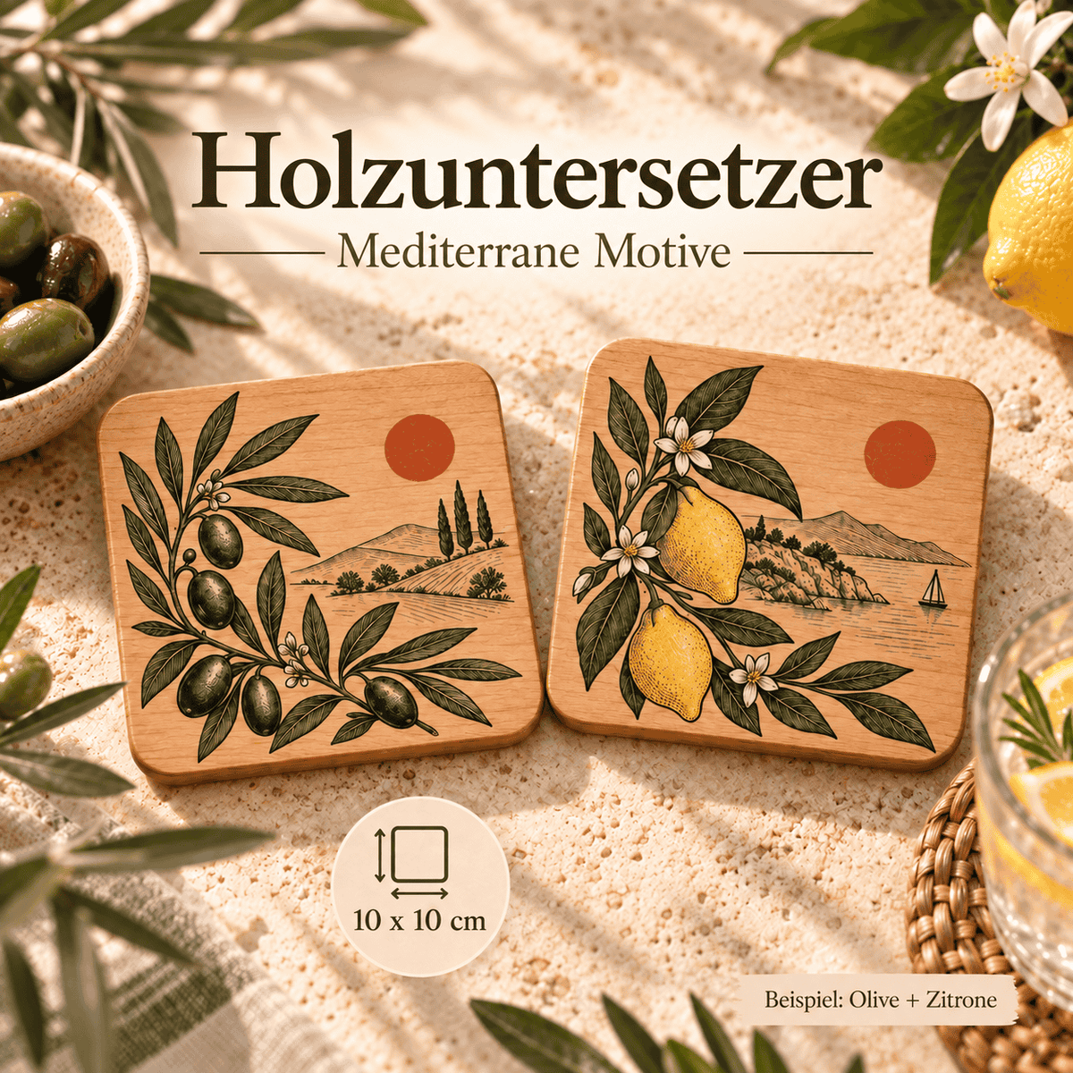 Mediterraner Holzuntersetzer mit Olivenmotiv und Rosmarin farbig bedruckter Untersetzer für Gläser und Tassen
