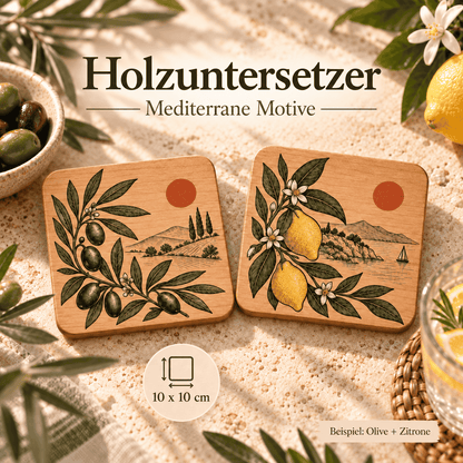 Mediterraner Holzuntersetzer mit Olivenmotiv und Rosmarin farbig bedruckter Untersetzer für Gläser und Tassen
