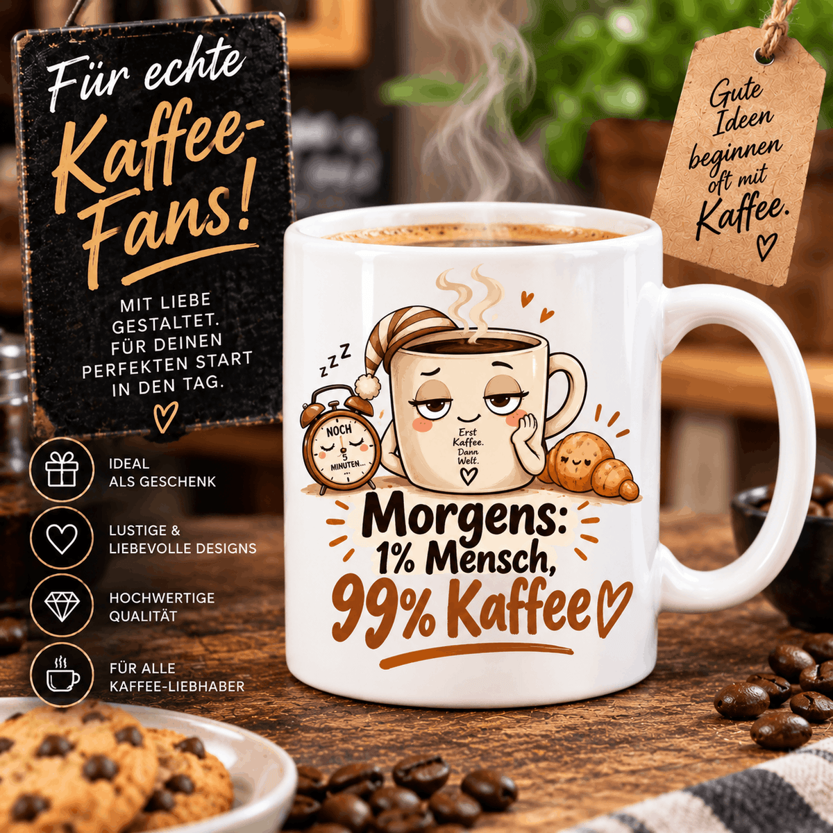 Bedruckte weiße Kaffeetasse mit humorvollem Motiv für Kaffee Fans und als lustige Geschenkidee