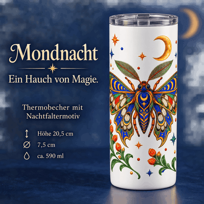 Thermobecher 590 ml im Design Mondnacht mit buntem Nachtfalter, goldfarbener Mondsichel, Sternen und Blüten