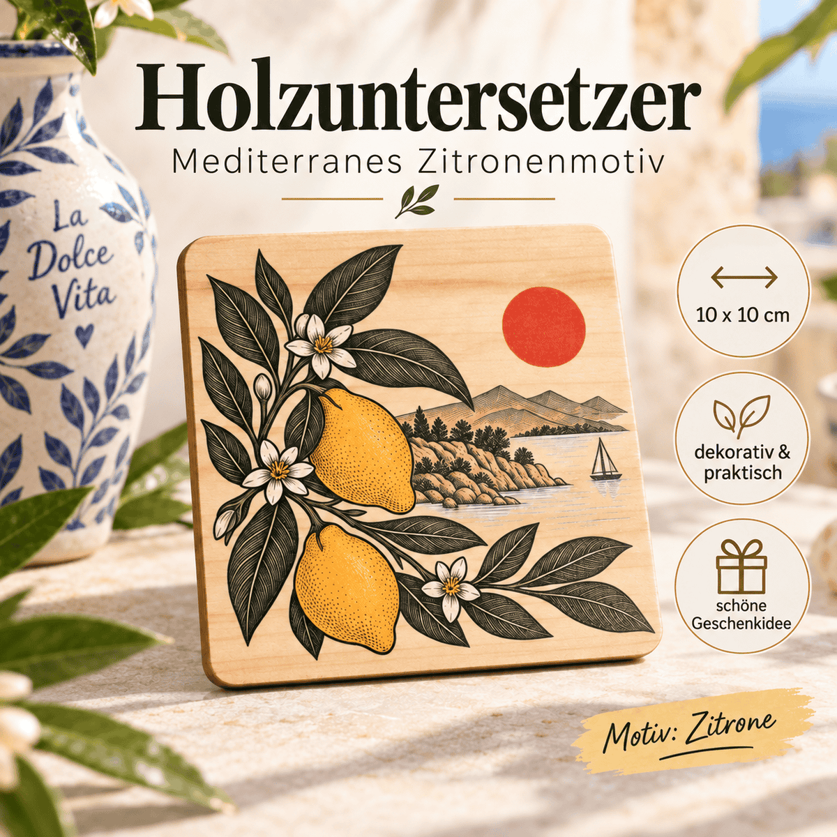 Dekorative Holzuntersetzer im mediterranen Stil mit vier verschiedenen Motiven für Küche, Esstisch, Terrasse oder Ferienwohnung
