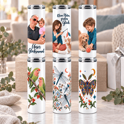 Sechs Thermobecher mit Fotodruck, Katzen-, Hunde-, Rosenköpfchen-, Libellen- und Mottenmotiv