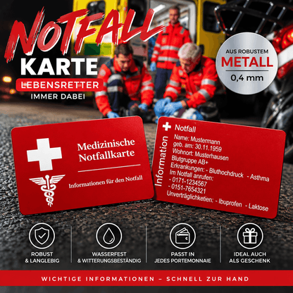 Rote Notfallkarte aus Metall in Visitenkartengröße mit persönlichen medizinischen Daten, Blutgruppe, Unverträglichkeiten und Notfallnummern
