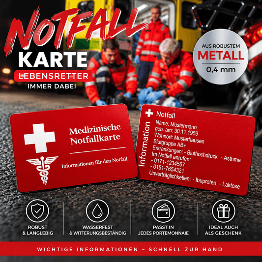 Rote Notfallkarte aus Metall in Visitenkartengröße mit persönlichen medizinischen Daten, Blutgruppe, Unverträglichkeiten und Notfallnummern
