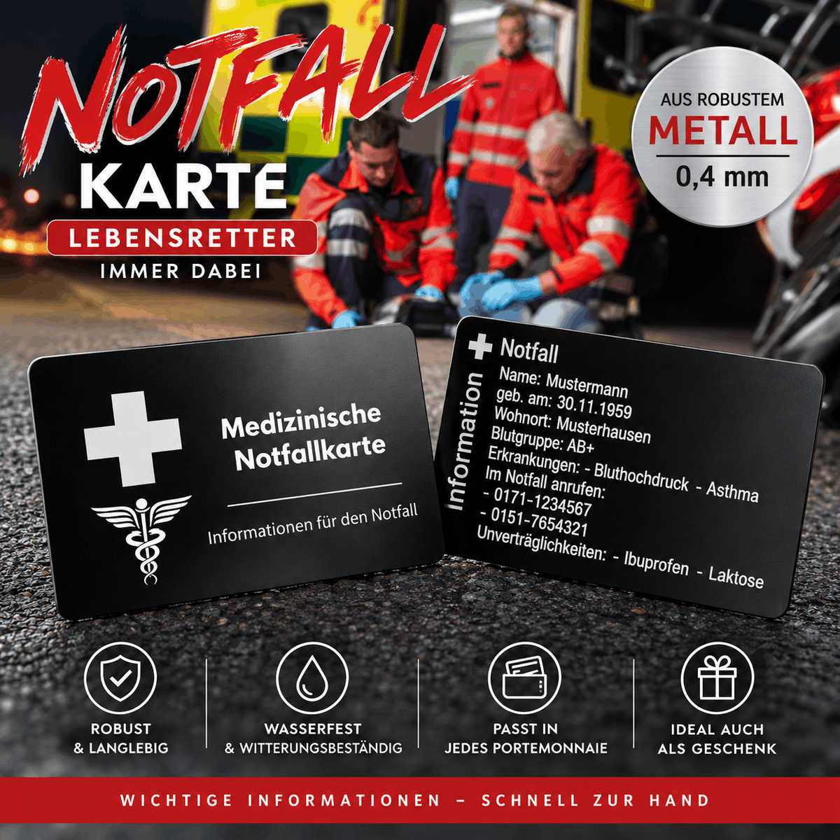 Medizinische Notfallkarte aus schwarzem Metall 0,4 mm mit persönlichen Notfalldaten, Blutgruppe, Erkrankungen und Notfallkontakten