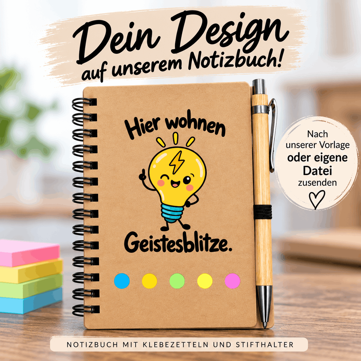 Kraftpapier Notizbuch mit personalisiertem Geistesblitze-Motiv, Glühbirnen-Illustration, Klebezetteln und Stifthalter – individuell bedruckbares Geschenk.