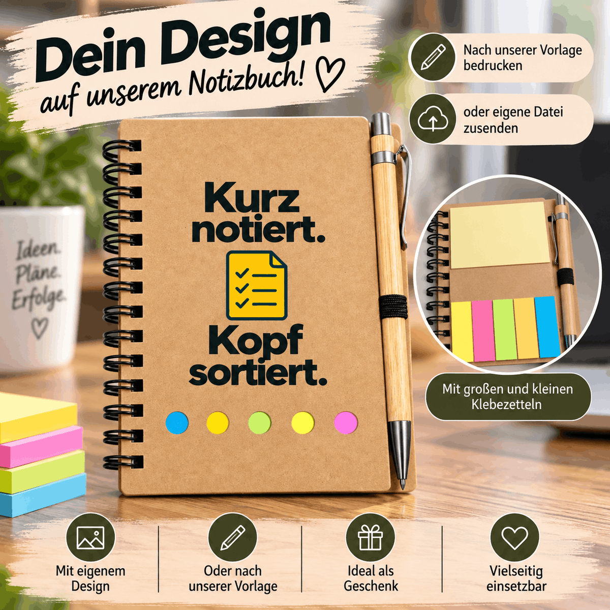 Personalisiertes Kraftpapier Notizbuch mit Gute-Ideen-Motiv und Glühbirne, farbigen Klebezetteln und Stifthalter – individuell bedruckbar.