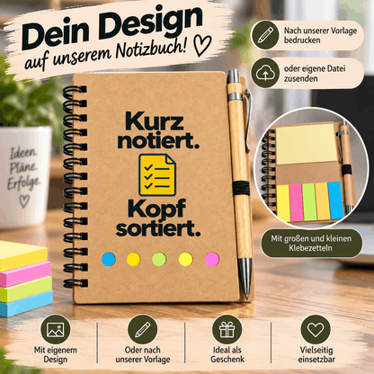 Personalisiertes Kraftpapier Notizbuch mit Gute-Ideen-Motiv und Glühbirne, farbigen Klebezetteln und Stifthalter – individuell bedruckbar.