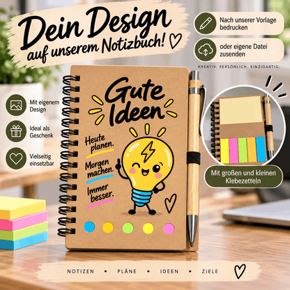 Kleines Kraftpapier Notizbuch mit Motiv ‚Kurz notiert – Kopf sortiert‘, Checklisten-Design, Klebezetteln und Bambus Kugelschreiber.