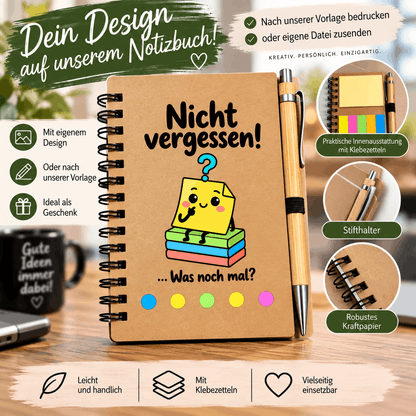Kraftpapier Notizbuch mit humorvollem Notizzettel-Motiv, farbigen Klebezetteln und Bambus Kugelschreiber – personalisierbares Geschenk für Büro und Alltag.