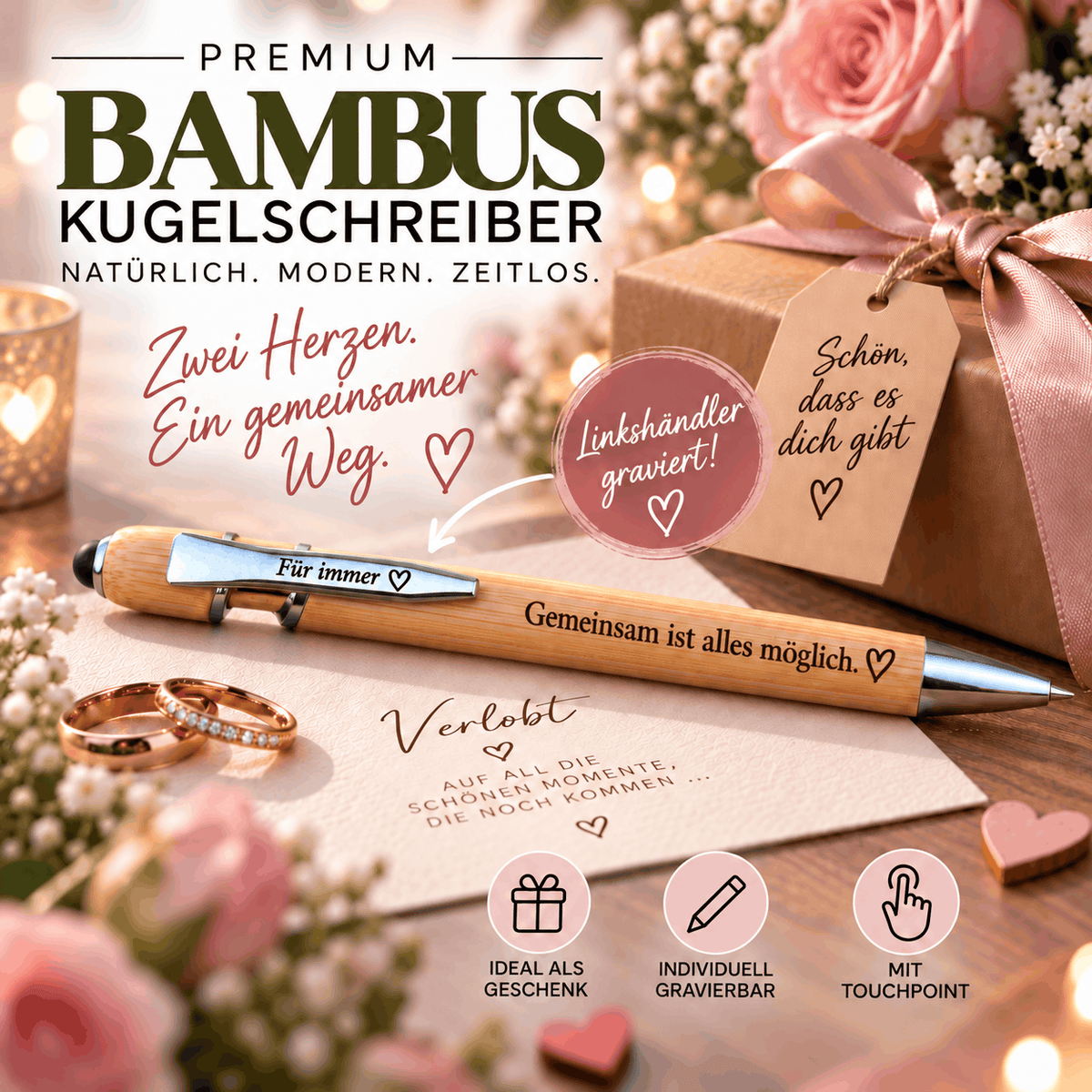 Premium-Bambus-Kugelschreiber mit individueller Wunschgravur für Linkshändler