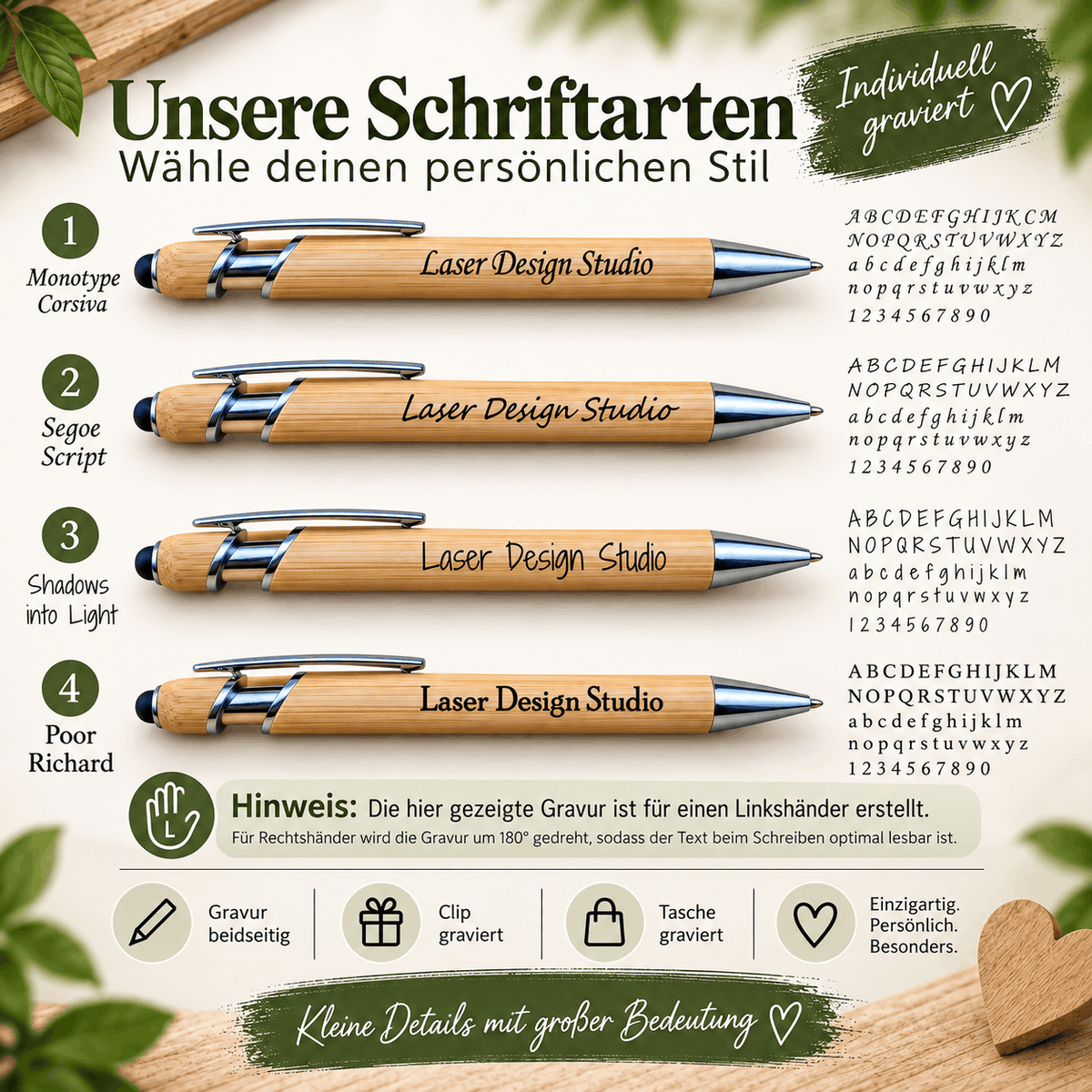Schriftarten zur Auswahl für die Personalisierung des Kugelschreibers