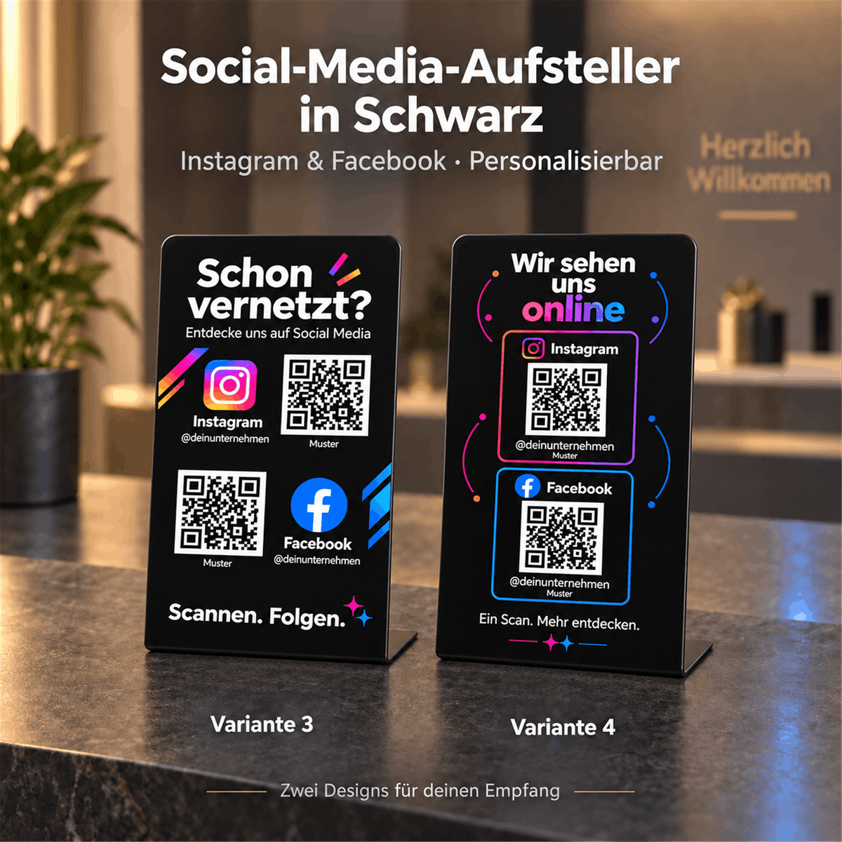 Zwei schwarze QR-Code-Thekenaufsteller für Instagram und Facebook am Empfang: Variante 3 mit kräftigen Farbakzenten und Variante 4 mit farbigen Linienrahmen.
