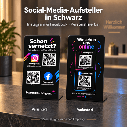 Zwei schwarze QR-Code-Thekenaufsteller für Instagram und Facebook am Empfang: Variante 3 mit kräftigen Farbakzenten und Variante 4 mit farbigen Linienrahmen.