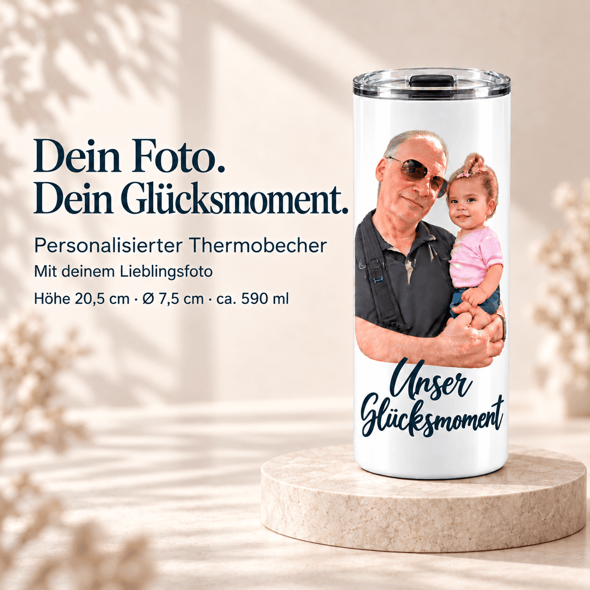 Beispiel eines personalisierten Thermobechers mit einem Foto von einem Mann und einem Kind sowie Wunschtext