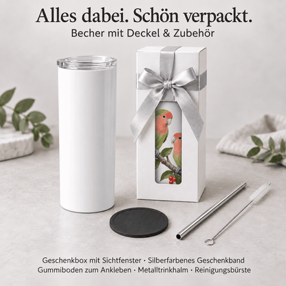 Thermobecher mit Deckel, Geschenkbox mit silberfarbenem Band, Metalltrinkhalm, Reinigungsbürste und Gummiboden
