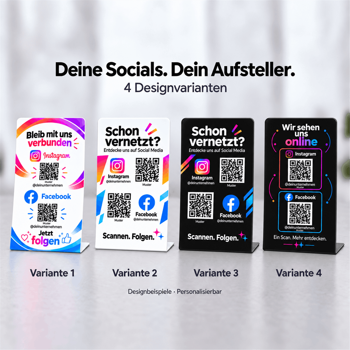 Vier personalisierbare QR-Code-Thekenaufsteller für Instagram und Facebook: zwei weiße und zwei schwarze Designs, nebeneinander als Variante 1 bis 4 beschriftet.