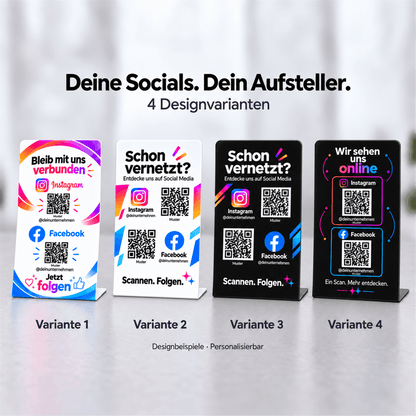 Vier personalisierbare QR-Code-Thekenaufsteller für Instagram und Facebook: zwei weiße und zwei schwarze Designs, nebeneinander als Variante 1 bis 4 beschriftet.