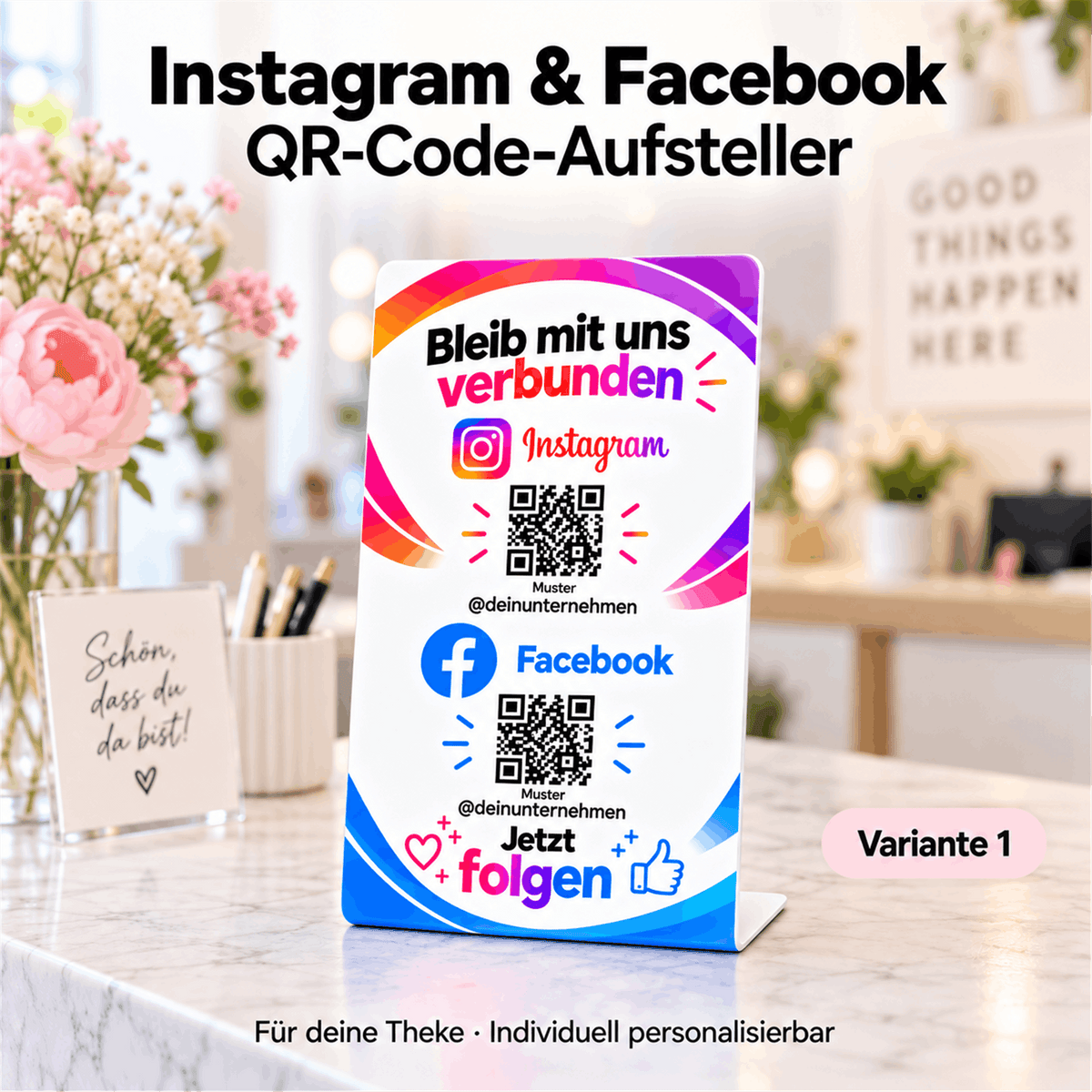 Weißer Instagram- und Facebook-Aufsteller mit bunten Farbbögen, zwei Beispiel-QR-Codes und „Bleib mit uns verbunden“ auf einer hellen Boutique-Theke.