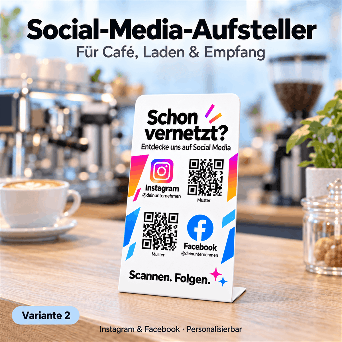 Weißer QR-Code-Aufsteller für Instagram und Facebook auf einer Café-Theke, mit „Schon vernetzt?“, geometrischen Farbakzenten und versetzt angeordneten QR-Codes.