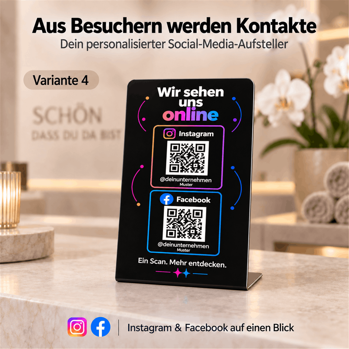 Schwarzer Instagram- und Facebook-Aufsteller mit „Wir sehen uns online“ und zwei farbig umrahmten QR-Code-Bereichen auf einer hellen Salon-Theke.
