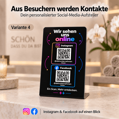 Schwarzer Instagram- und Facebook-Aufsteller mit „Wir sehen uns online“ und zwei farbig umrahmten QR-Code-Bereichen auf einer hellen Salon-Theke.
