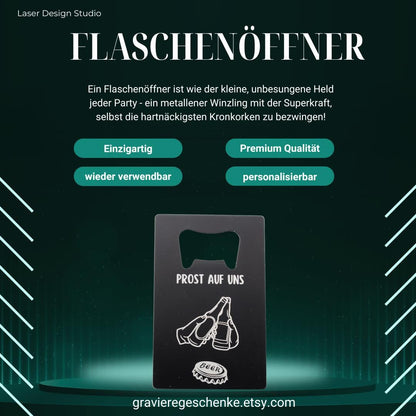 Edelstahl Flaschenöffner – Seitenansicht mit mattem Finish und Gravur