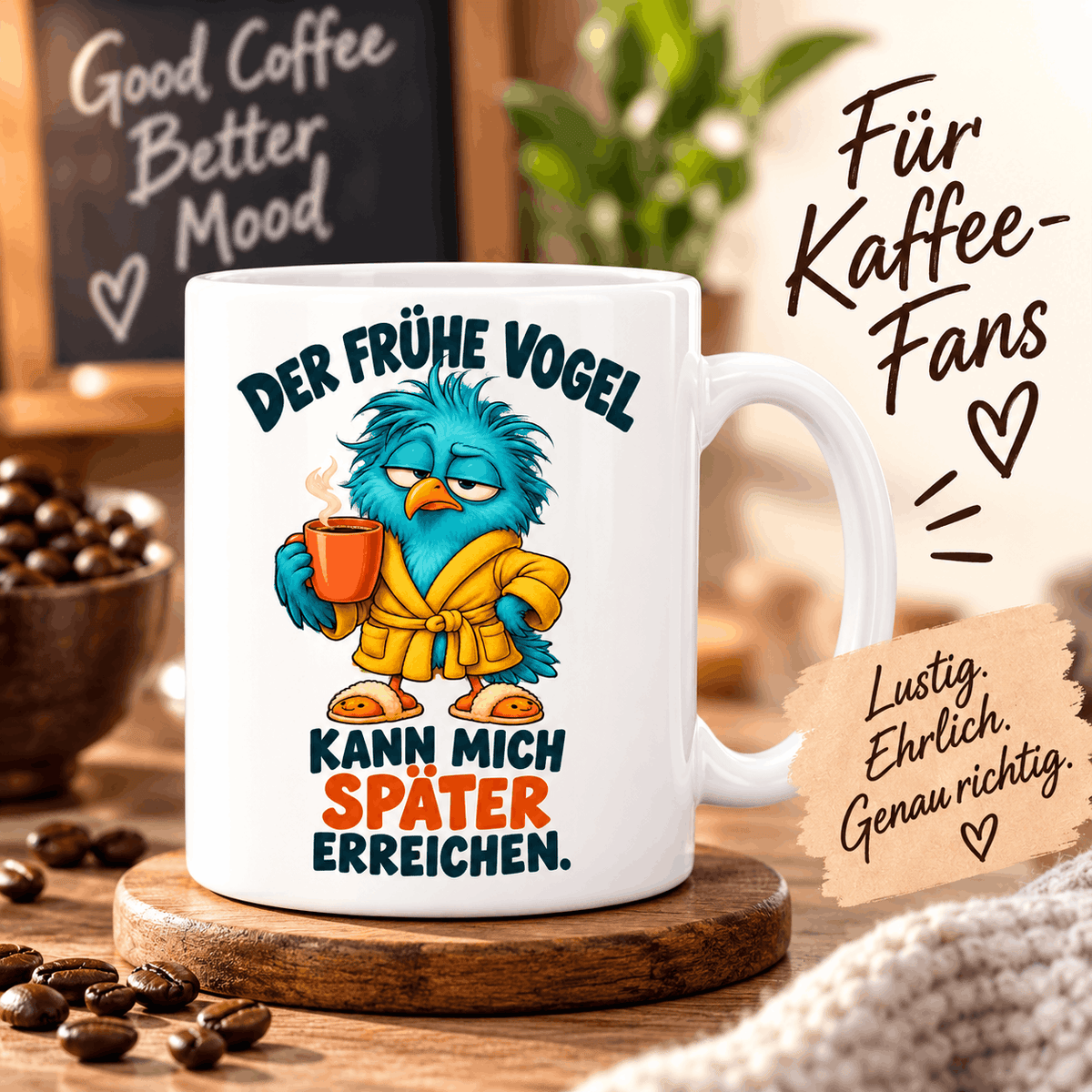 Weißer Kaffeebecher mit lustigem Kaffee Spruch und farbig bedrucktem Motiv als Geschenk für Kaffeeliebhaber