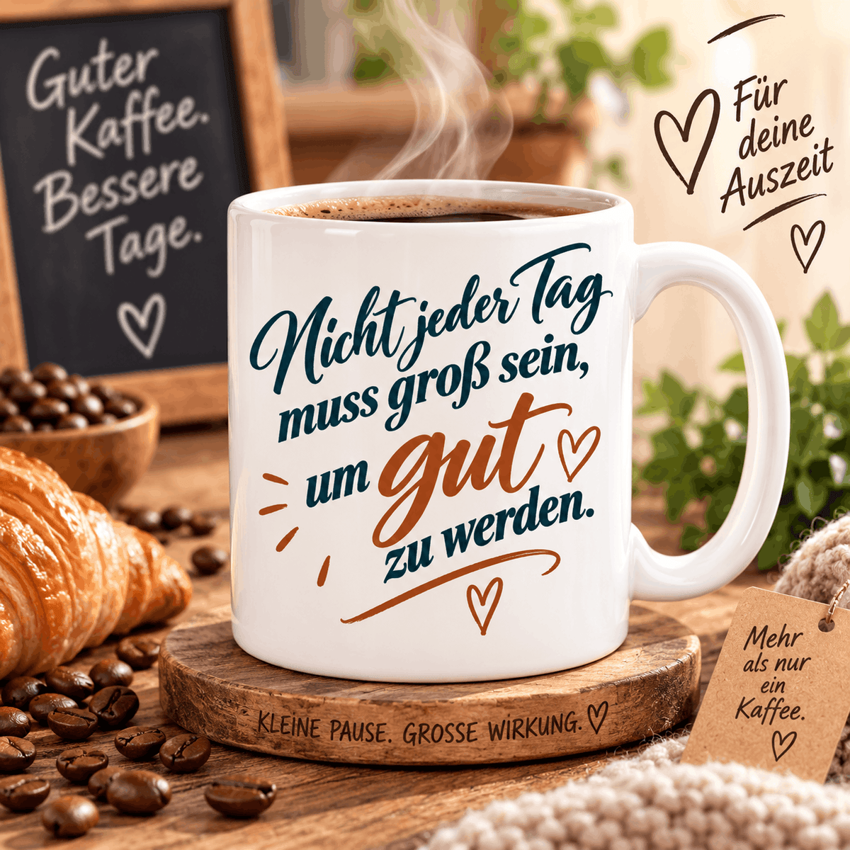 Auswahl verschiedener lustiger Motive für bedruckte weiße Kaffeebecher mit Kaffee Sprüchen