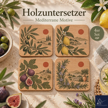 Holzuntersetzer farbig bedruckt als 4er Set –  Olive, Rosmarin, Feige und Zitrone Motiv bedruckt