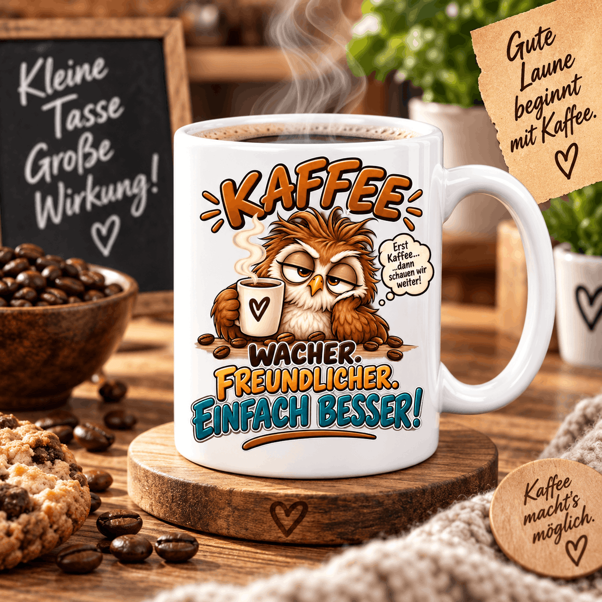 Weiße Kaffeetasse mit individuellem Wunschmotiv oder eigenem Text vorne mittig bedruckt