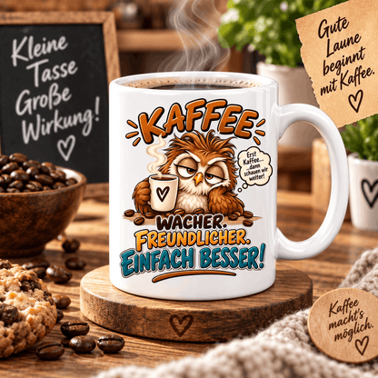 Weiße Kaffeetasse mit individuellem Wunschmotiv oder eigenem Text vorne mittig bedruckt
